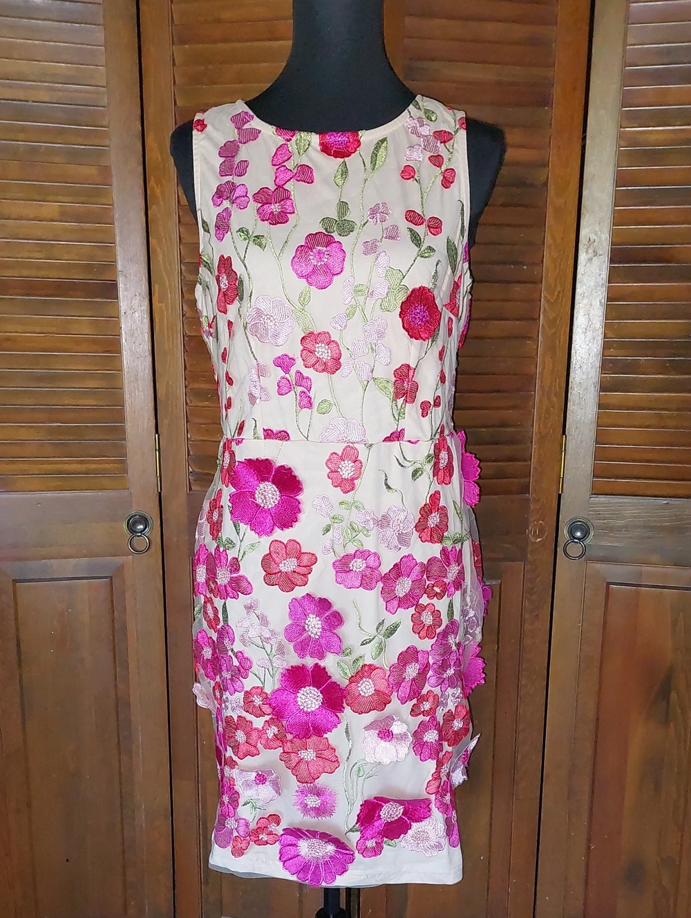 New York & Company 3D Floral Nude Pink Midi Shift Dress Sz M